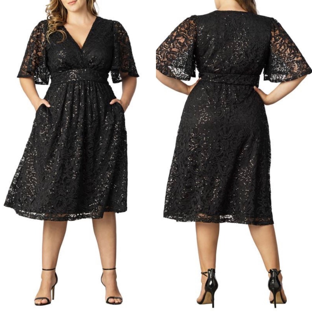 Kiyonna Plus Size Starry Sequin Lace Black Cocktail Dress 2X Formal Party USA